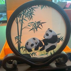 Chinese Embroidery Panda Bear Duo Home Decor with Stand